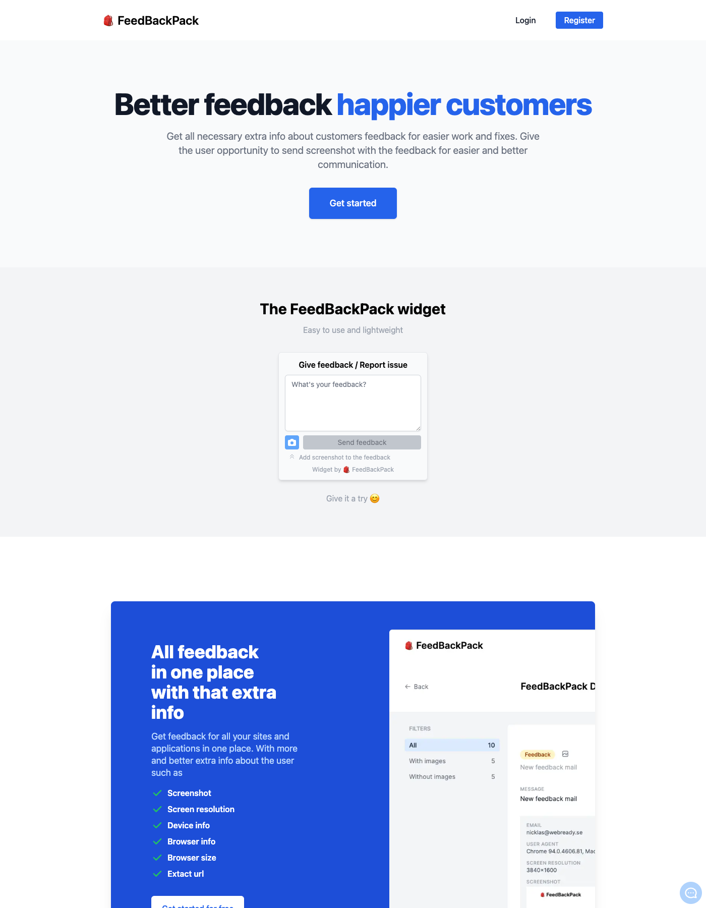 Screenshot from frontpage of feedbackpack.app